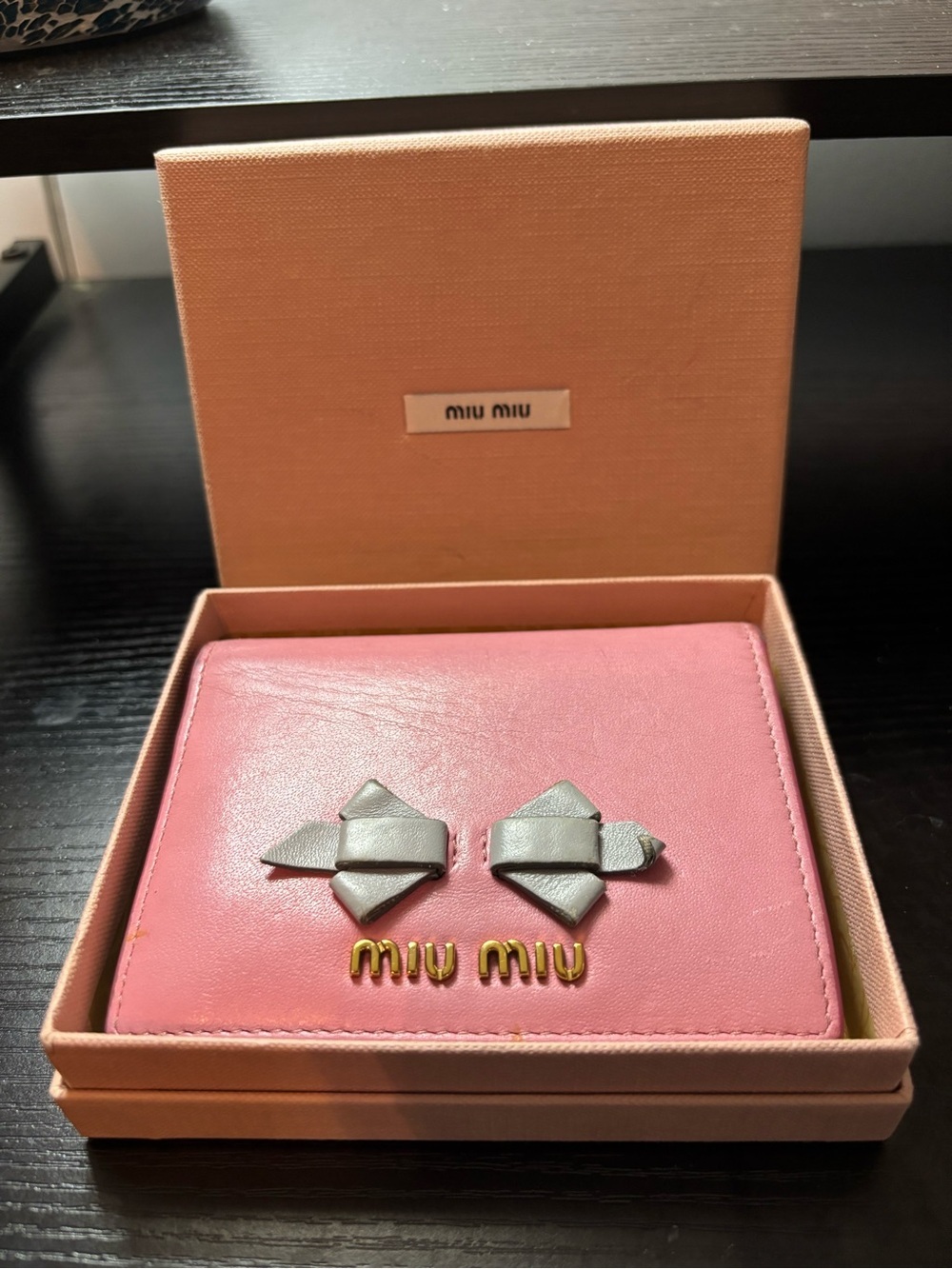 Authentic Miu Miu Soft Calfskin Madrâs Fiocco Bow Bifold Wallet Pink/Grey W/Box